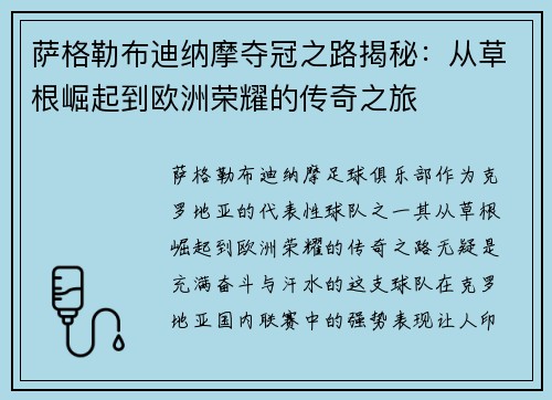 萨格勒布迪纳摩夺冠之路揭秘：从草根崛起到欧洲荣耀的传奇之旅
