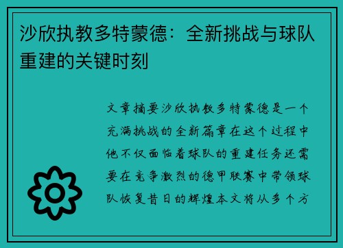 沙欣执教多特蒙德：全新挑战与球队重建的关键时刻